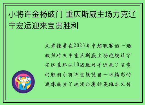小将许金杨破门 重庆斯威主场力克辽宁宏运迎来宝贵胜利