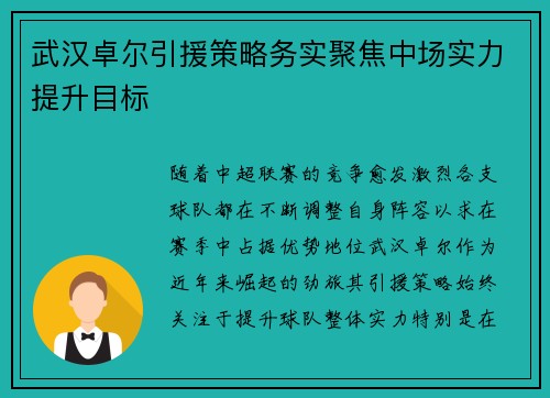 武汉卓尔引援策略务实聚焦中场实力提升目标 武汉卓尔引援策略务实聚焦中场实力提升目标