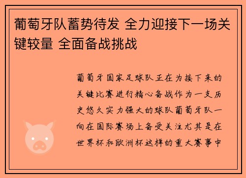 葡萄牙队蓄势待发 全力迎接下一场关键较量 全面备战挑战